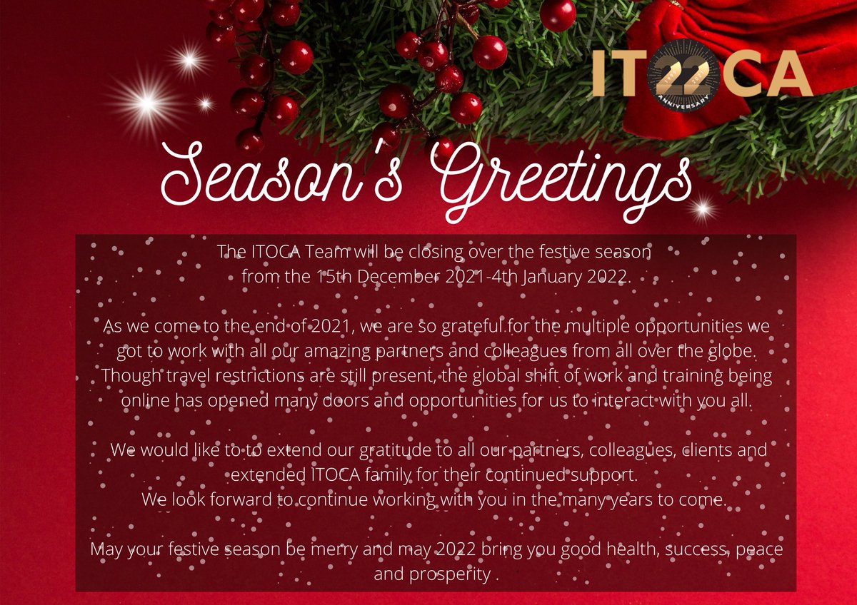 ICMLAHILA2022's tweet photo. As the ITOCA family, we would like to wish you a delightful festive season full of peace &amp; relaxation, quality time with your loved ones 
 &amp; all around merriment. We look forward to continue working and engaging with you all in the upcoming new year! #ITOCA #happyholidays https://t.co/HISkAQUrZh