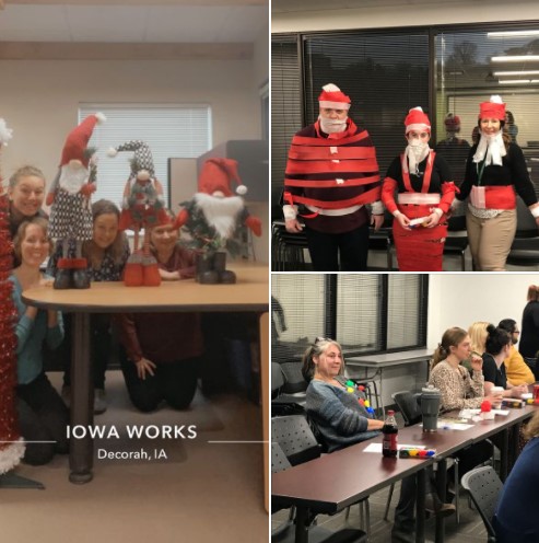 DBQIowaWORKS's tweet photo. IowaWORKS Dubuque and Decorah had fun during our team building Holiday party this morning.  Happy Holidays from our family to yours!  #iowawork #teambuilding #Holidays #dresslikesanta #hangingwithmygnomies https://t.co/cACfiHNwsm