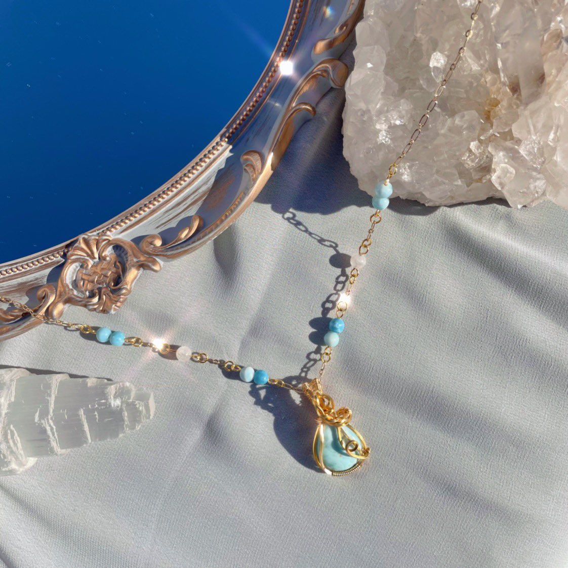 Smokey Quartz  | Larimar w/Rainbow Moonstone 

Last two pendants from my update 🤍