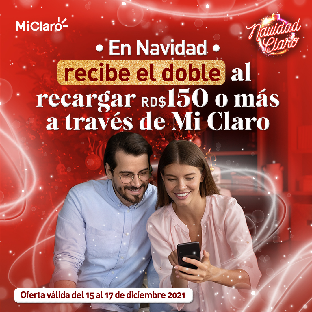 ¡Recibe el doble de balance recargando tu móvil a través de #MiClaro App o Web! 😳🏃🏼‍♂️💨 Recarga desde RD$150 o más para que recibas el doble de la cantidad recargada. Oferta válida del 15 al 17 de diciembre 2021 para clientes móviles Prepago y Control.