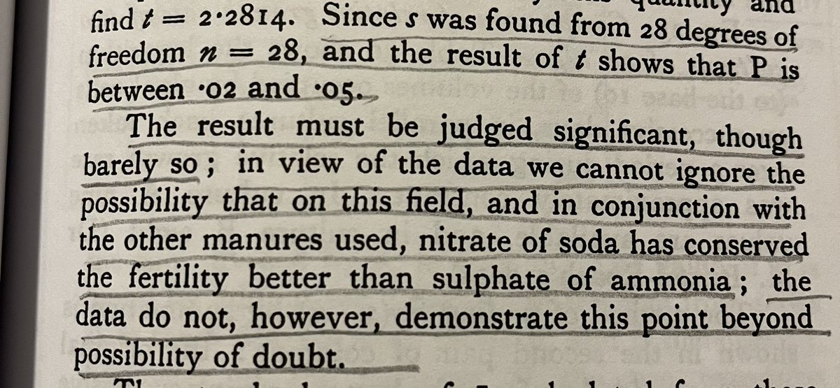 ElioAmicarelli's tweet photo. @seanjtaylor @hspter What follows is an example from the same book on how Fisher actually interpreted p-values when discussing results. https://t.co/SRc23dgLkh
