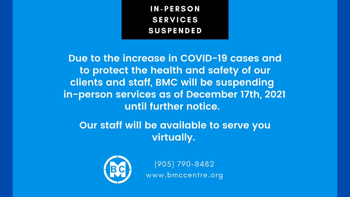 BMC_and_MCS's tweet image. Due to the increase in COVID-19 cases and to protect the health and safety of our clients and staff, BMC will be suspending all in-person services as of December 17th, 2021 until further notice. ⠀
⠀
Our staff will be available to serve you virtually.