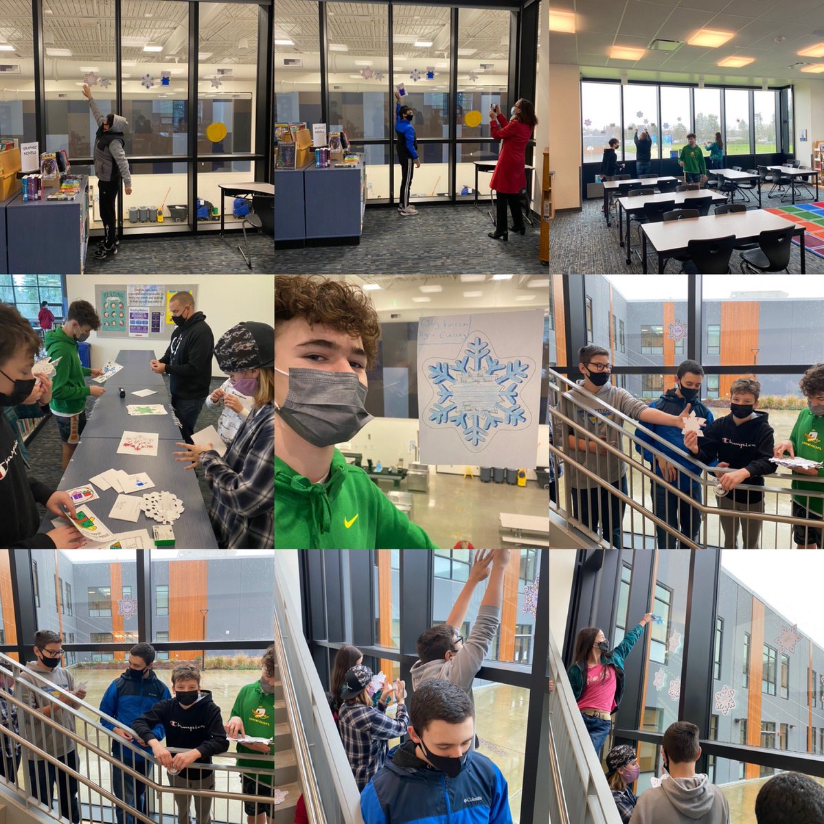 Today <a href="/DMMShornets/">Dexter McCarty MS</a> Leadership Ss helped make it a snow day over <a href="/EastGreshamElem/">East Gresham Eagles</a> by decorating the library and main entrance with snowflakes. Snowflakes had words of encouragement from the Ss at Dexter. 💛💚❄️💙🤍