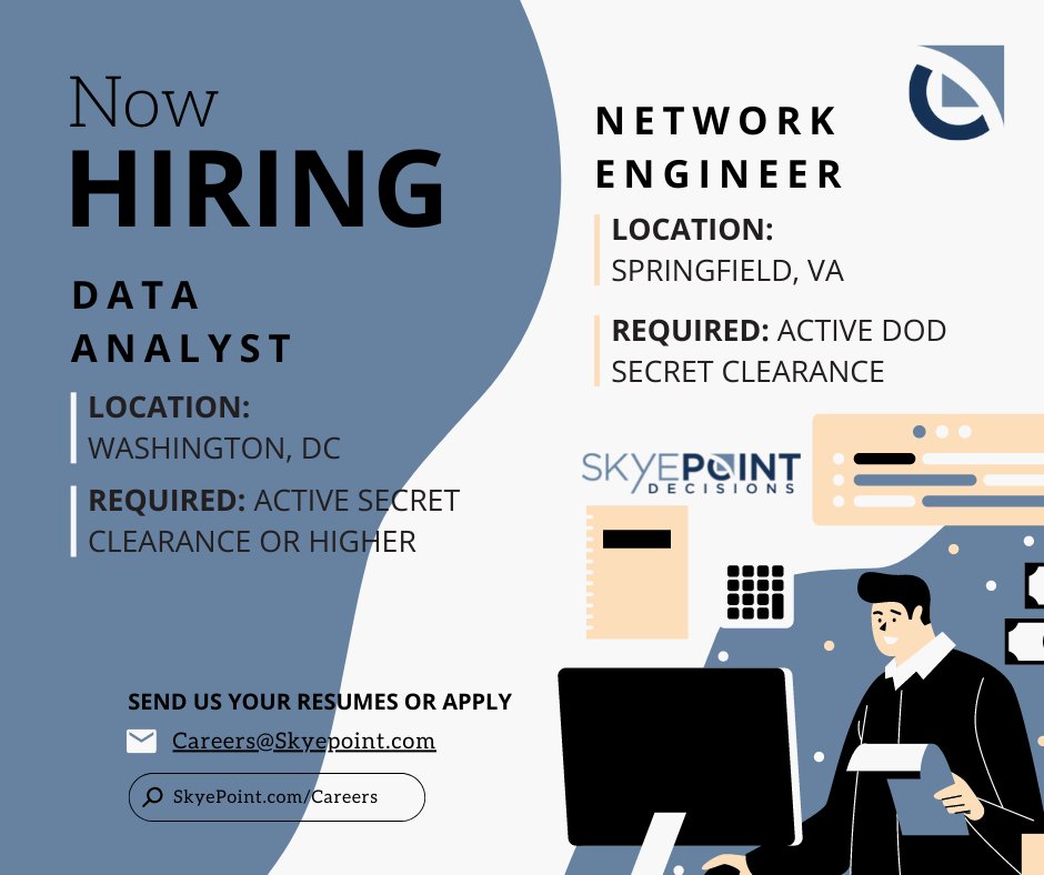 SkyePoint's tweet image. You know what they say… “sharing is caring,” so let someone in your network know that we’re hiring!

Data Analyst
careers-skyepoint.icims.com/jobs/2144/data…

Network Engineer
careers-skyepoint.icims.com/jobs/2194/netw…

#joinourjourney #werehiring #hotjobalert #clearedjobs #itjobs #dataanalyst #networkengineer