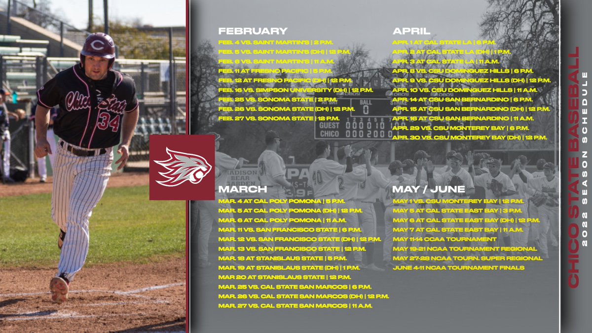 ChicoAthletics's tweet photo. Chico State baseball fans...the long wait is almost over! With the release of the official 2022 schedule, Nettleton Stadium will soon be rockin' again, as the Wildcats return to action for the first time in nearly two years! https://t.co/5Z9gGrRml6 https://t.co/jdpw8l5yJs