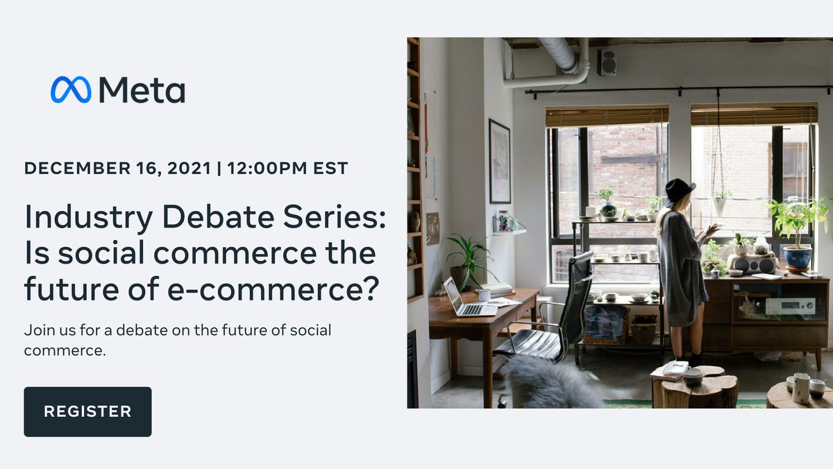 BigCommerce's tweet photo. Debate: Is social commerce the future of ecommerce? 

RSVP now for @Meta's debate and audience Q&amp;A on social commerce, with our VP of Revenue Growth @sharongeenyc:  https://t.co/mhksA3HiKW https://t.co/4ZeTy8XcI7