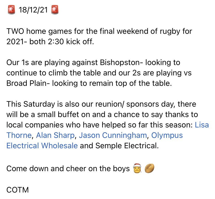 Southmeadrfc's tweet photo. 👇🏼👇🏼Info for this Saturday👇🏼👇🏼

1s home vs @bishopstonrfc 
2s home vs @BroadplainRFC 

UTM https://t.co/1Y8gL097xj