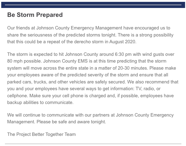 thinkiowacity's tweet photo. The #ProjectBetterTogether team stresses the severity of the storm warnings tonight. Be safe!
@ICADGroup @icareabusiness @ICDowntown @thinkiowacity https://t.co/QxhiHIgkRO
