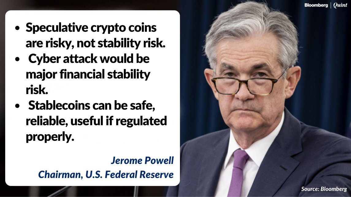 Don’t see #crypto to be a major stability risk, says #Fed Chairman Jerome Powell.

Read: bit.ly/3DZyCJi