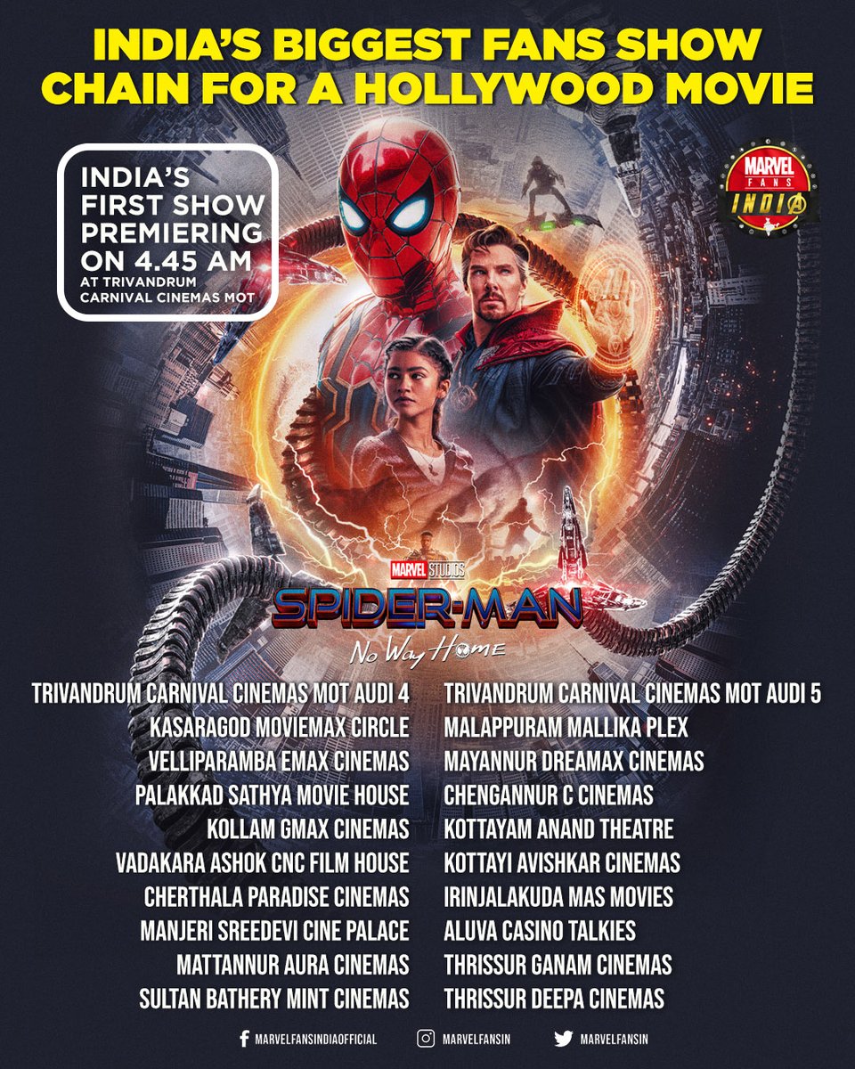 MarvelFansKL's tweet photo. കേരളത്തിൽ എന്നല്ല, ഇൻഡ്യയ��ൽ ഏറ്റവും കൂടുതൽ ഫാൻസ് ഷോ നടക്കുന്ന ഹോളിവുഡ് ചിത്രം എന്ന റെക്കോർഡ് സ്പൈഡർമാൻ നോ വേ ഹോമിന് സ്വന്തം 🔥💪

@SonyPicsIndia 
@Marvel_India 
@MarvelFansIN 
#SpiderManNoWayHome https://t.co/pMxrgtOCpx
