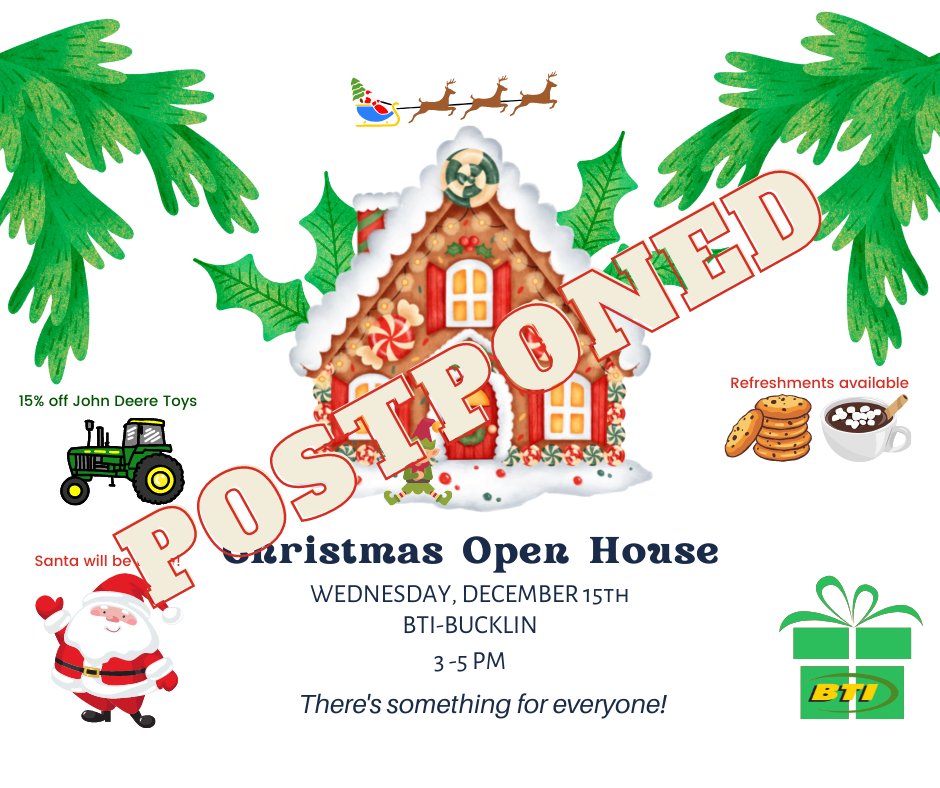 ❗❕ PLEASE NOTE ❗❕
Due to power being out at our Bucklin location, we will have to postpone our holiday open today. We plan to reschedule for early next week. Please keep up to date with our BTI social media platforms. Stay Safe! 💨