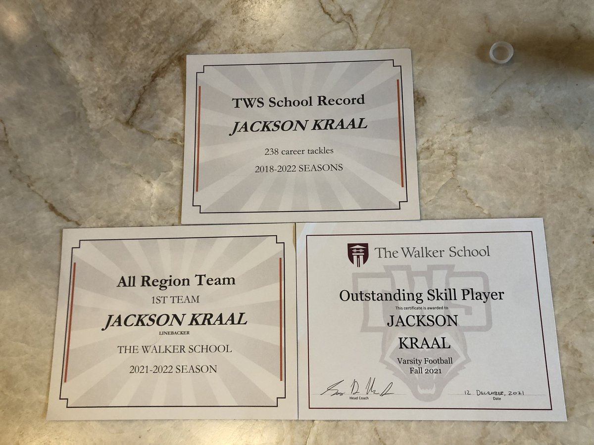 JacksonKraal's tweet photo. Thank you Coaches for nominating me for the these awards. Glad I achieved one of my goals and broke the career tackling record at Walker. Thank you coaches @TheWalkerSchool @FootballTWS @TWSAthletics https://t.co/FYp7yMOOjk