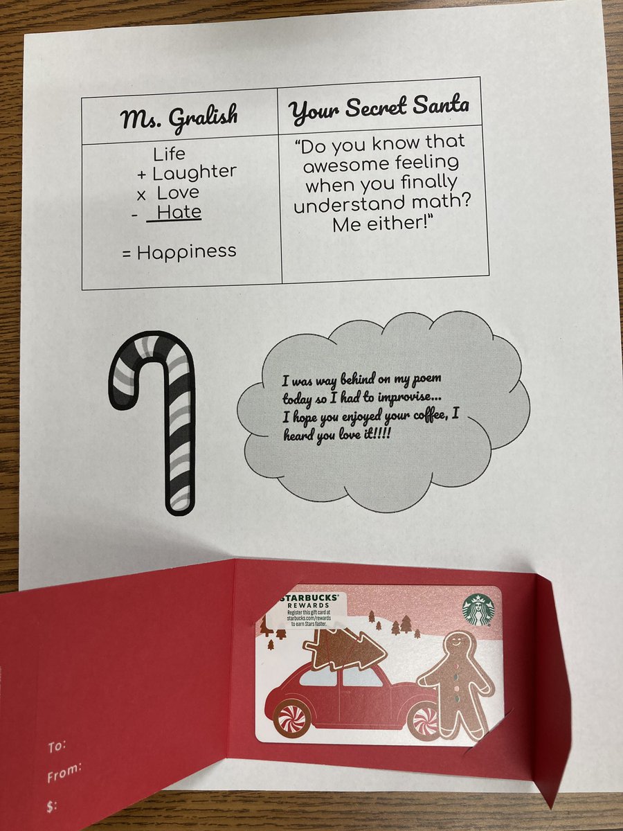 Thank you to my wonderful Secret Santa for the delicious peppermint hot chocolate and the Starbucks gift card! These notes are giving me the feeling that math isn’t my Santa’s favorite subject, and that’s okay!🎅🏻🧮✏️ #secretsanta #everyoneisamathperson