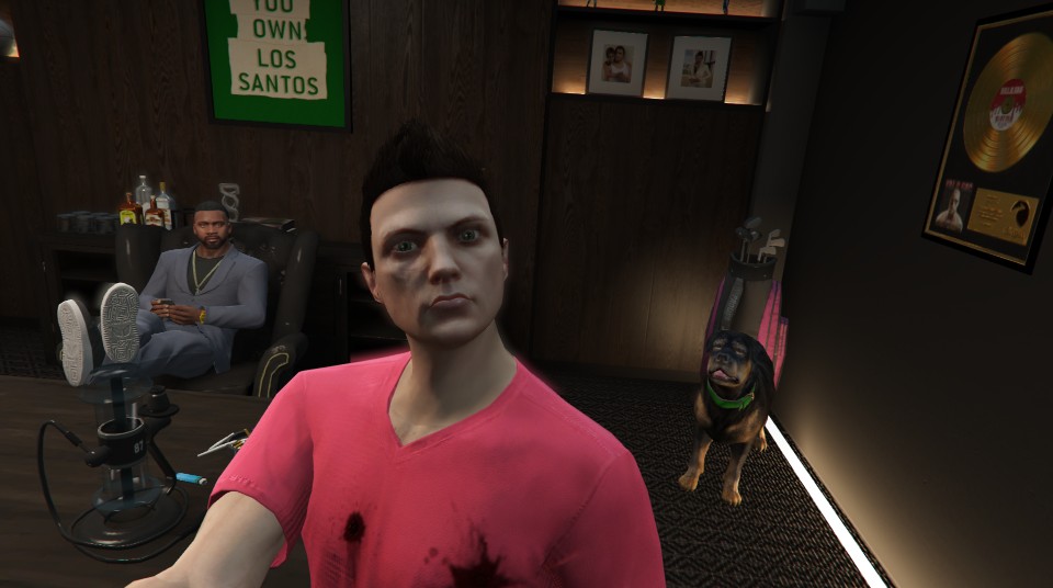Monsterr6969's tweet photo. Just finished the story of the new GTA Online DLC and it was great. Haven't had as much fun in GTA Online as I did in a while. Anyways here's a picture of me, franklin, and chop. https://t.co/Hx2MV9tP1I