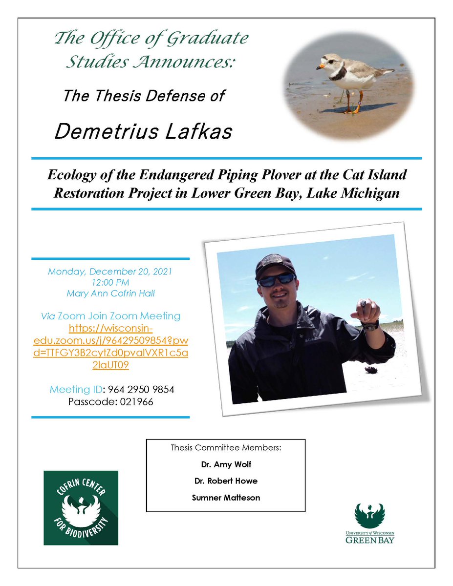 Next Monday, Dec. 20 at Noon CDT, Cofrin Center for Biodiversity's graduate student Demetri Lafkas is defending his thesis on Piping Plovers on Zoom. It is open to the public. Hope you can join us! Join Zoom: wisconsin-edu.zoom.us/j/96429509854... - Meeting ID: 964 2950 9854 Passcode: 021966