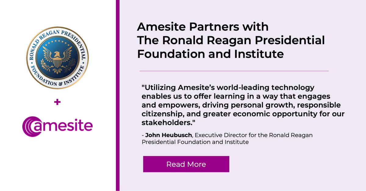AmesiteInc's tweet photo. Amesite is honored to announce a new partnership with @RonaldReagan Presidential Foundation and Institute. We are excited to help RRPFI grow their capacity to deliver learning. Read more about the partnership here: https://t.co/nWmRa0u5UK
#RRPFI #ReaganAcademy #Museums $AMST https://t.co/V2JyNbcPK2
