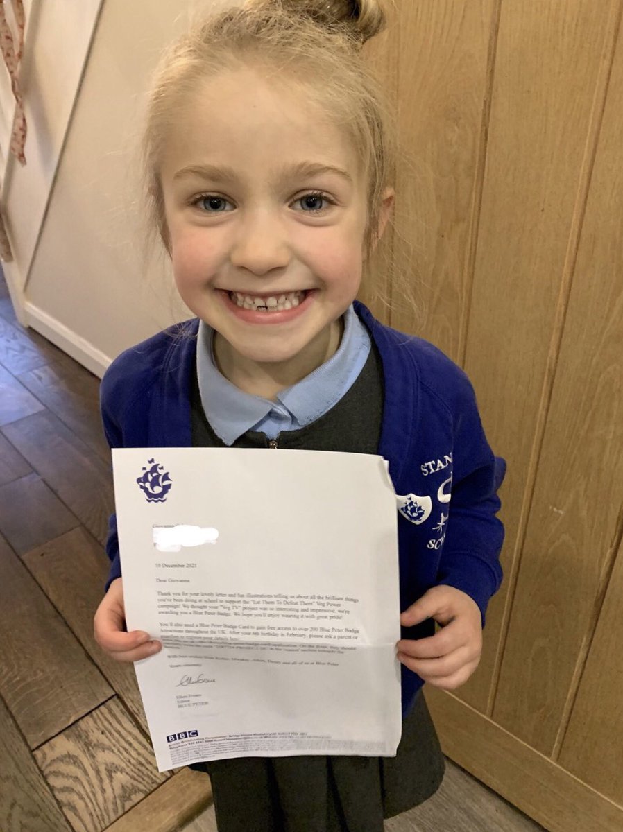 StanahScCouncil's tweet photo. G described today as ‘the best day ever’ when she received her Blue Peter badge for her work on our @StanahPrimary School Council last year. In her application, G wrote about her work in school supporting @VegPowerUK Eat Them To Defeat Them campaign. Congratulations G! https://t.co/uwAw4Djkrm