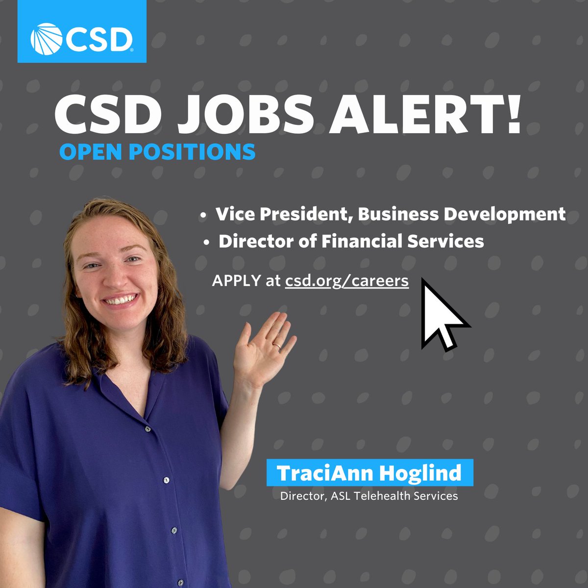 ThisIsCSD's tweet photo. Our workplace is a mix of Deaf and hearing employees. This gives us unique access to working out processes and solutions to best facilitate & support Deaf employment. From hiring to training to retaining, we’re the experts. 🙌
https://t.co/C6QlcU1kzA
#WednesdayJobs #ThisIsCSD https://t.co/MZNsWTEQdX