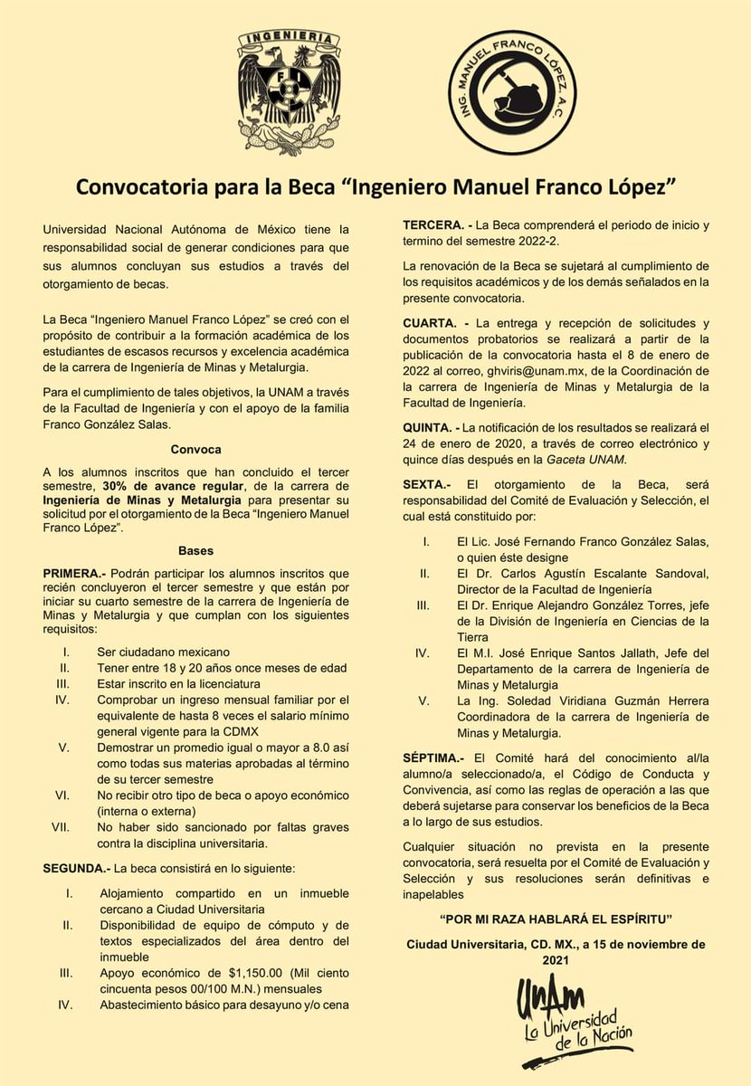 FIUNAM_MX's tweet photo. ⚠️Recepción hasta el 8 de enero⚠️

👩‍🎓👨‍🎓Beca “Ingeniero Manuel Franco López” para estudiantes de escasos recursos y excelencia académica de la carrera de Ingeniería de Minas y Metalurgia, con el apoyo de la familia Franco González Salas.

📧ghviris@unam.mx https://t.co/8okBbuuOo4