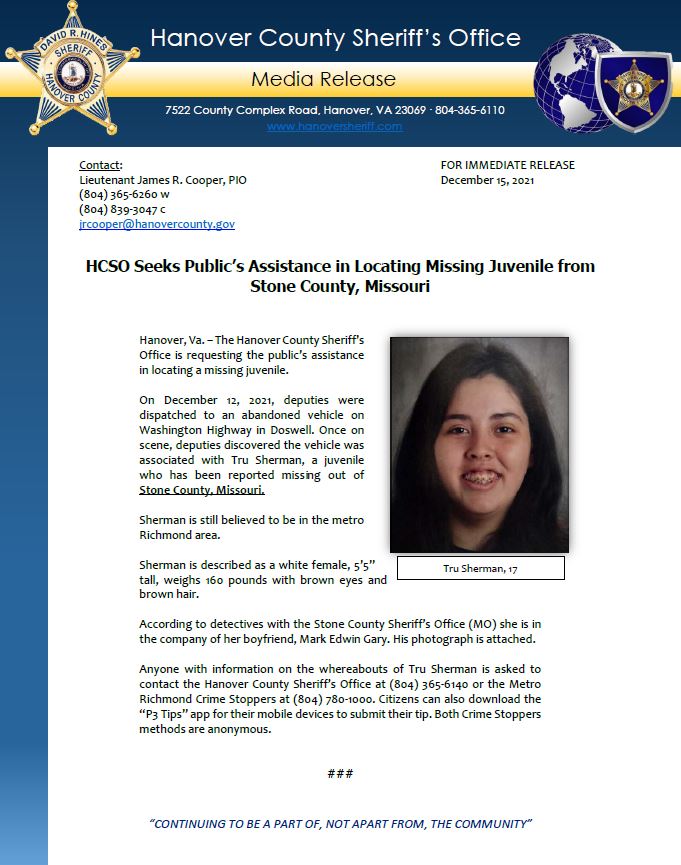 HanoverSheriff's tweet photo. Please see the attached #MediaRelease regarding a #MissingPerson out of Stone County, Missouri. https://t.co/QB81OC8Ul5