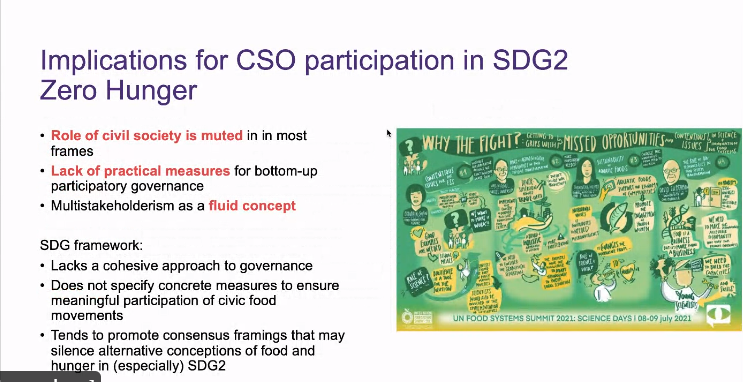 Excellent presentation by Joanna Horton at #FoodGovernance2021 analysing the framing of #civilsociety in #SDG2 #zerohunger - SDGs reveal lack of coherence, no concrete measures for #foodmovement involvement & silences alternative conceptions like #foodjustice #foodsovereignty