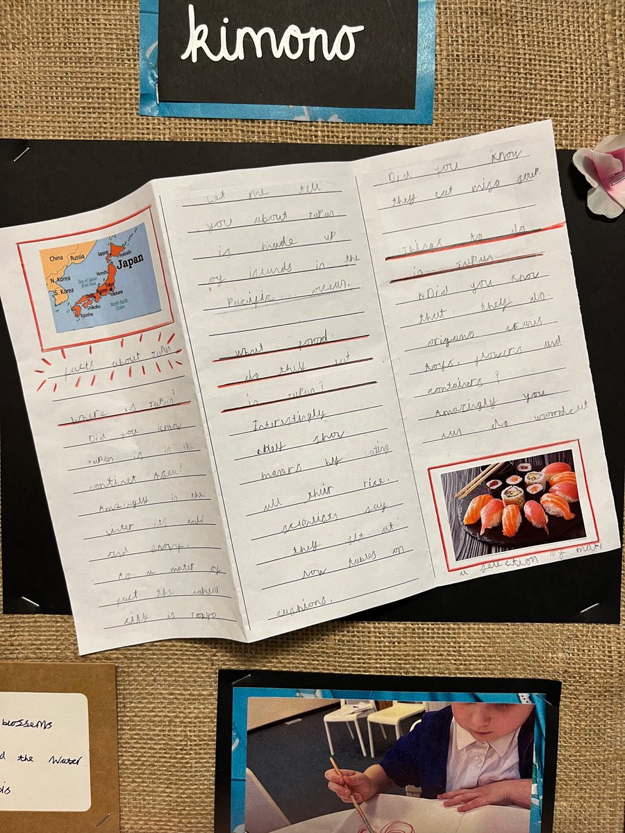 MissEParsons's tweet photo. Well done Sapphire class for another wonderful term of learning! 👏🏼 You’ve worked so hard to research facts on Japan to create your own information leaflets and have written haikus describing a Japanese garden to share in #MedwayArtBox 🤩 🇯🇵#SukisKimono @PrimaryElaine @IPAT_Edu https://t.co/cWZpJzUMTX