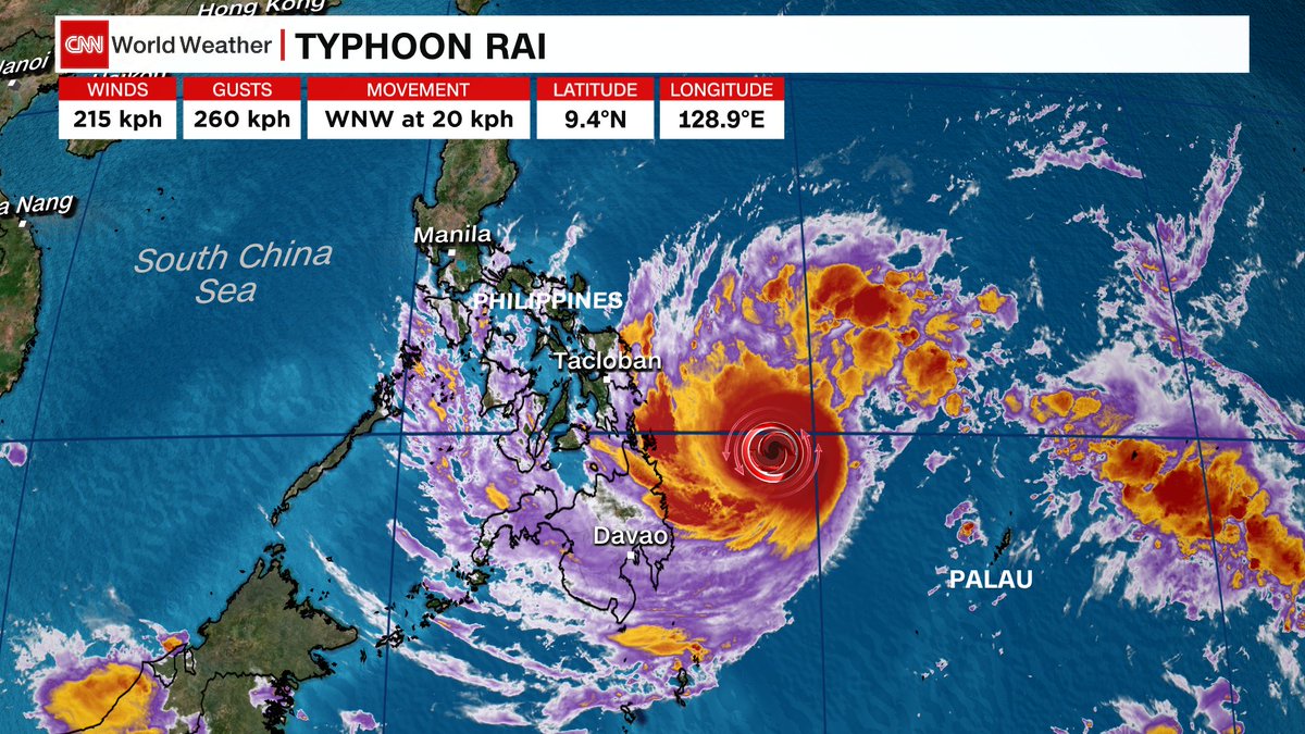 VanDamCNN's tweet photo. Meanwhile, a powerful #Typhoon is less than 24 hours from landfall in the #Philippines This storm is projected to strike #Mindanao as a Super Typhoon with winds in excess of 260 km/h and 2-3 meters of storm surge #typhoonrai #OdettePH  @cnni @CNNweather https://t.co/jvIAw7p9eq