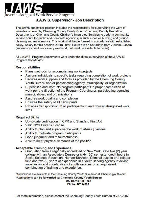 CSSWorkforceNY's tweet image. The Chemung County Youth Bureau has an opportunity for their Juvenile Assigned Work Service Program. Applications available at: 599 Harris Hill Road, Elmira NY 14903 or visit chemungyouth.com