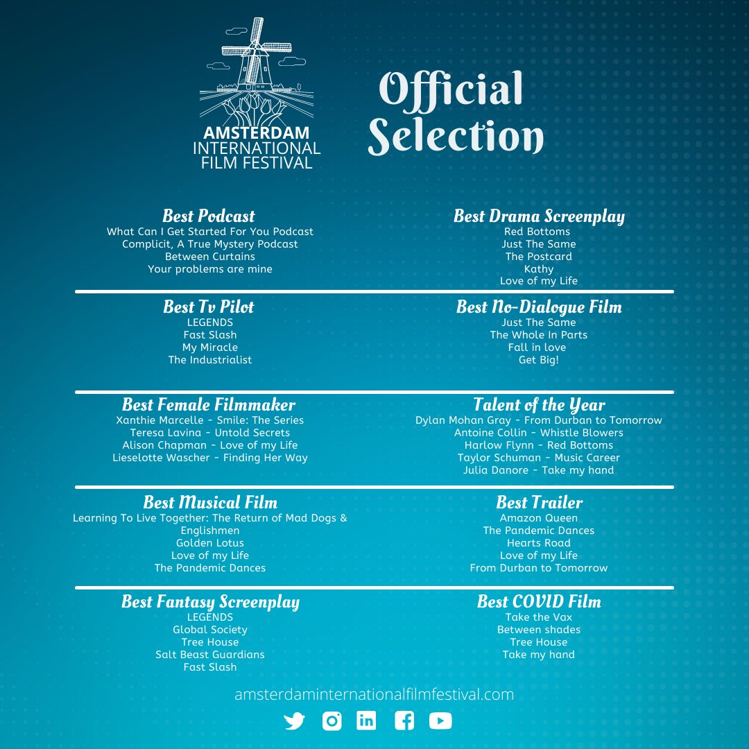 We're honored and excited to release the nominees for our December Season at the Amsterdam International Film Festival 2021. 🇳🇱
Congratulations to all the official selection members. 
Winner´s announcement next December 18th.
Good luck everyone! 
.
.
.
.
 #aiff #officialselection