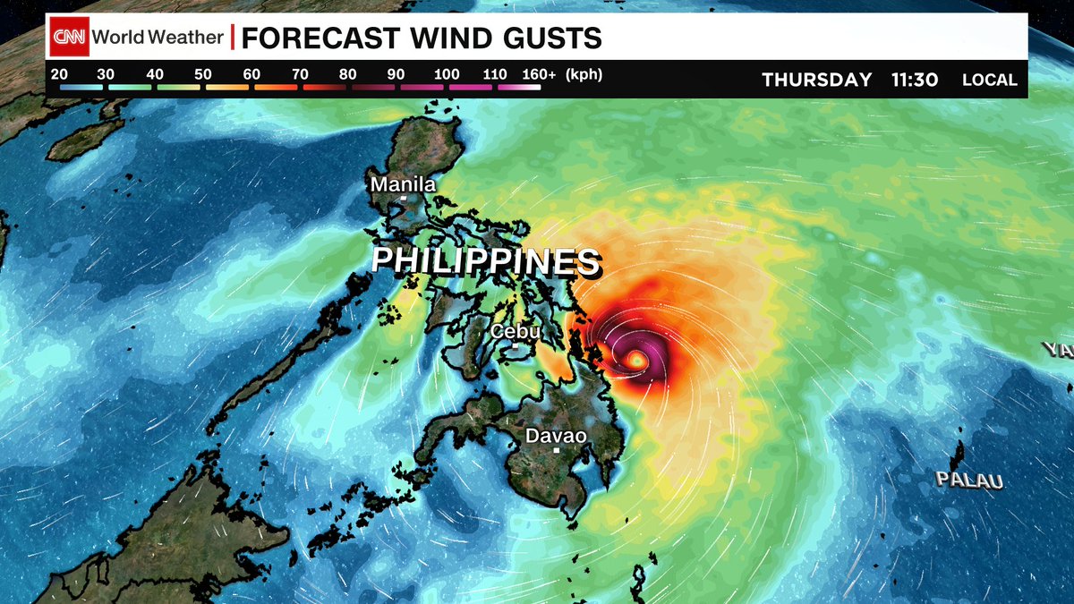 VanDamCNN's tweet photo. Meanwhile, a powerful #Typhoon is less than 24 hours from landfall in the #Philippines This storm is projected to strike #Mindanao as a Super Typhoon with winds in excess of 260 km/h and 2-3 meters of storm surge #typhoonrai #OdettePH  @cnni @CNNweather https://t.co/jvIAw7p9eq