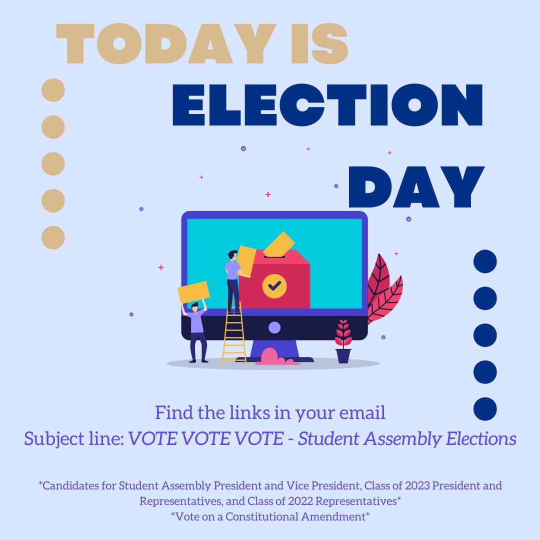 HCStudentAssm's tweet photo. Today is Election Day! Take 5 minutes out of your day to vote for: 
• SA President
• SA Vice President
• Class of 2023 President
• Class of 2023 Representatives 
• Class of 2022 Representatives
• Constitutional Amendment 
It’s super quick and easy!🌟 https://t.co/3Smrq5USLM
