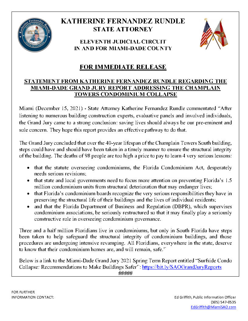 KathyFndzRundle's tweet photo. All Floridians, everywhere in the state, deserve to know that their condominium homes are, and will remain, safe. The Miami-Dade County Grand Jury Spring Term Report entitled “Surfside Condo Collapse: Recommendations to Make Buildings Safer" is out: https://t.co/2C7TjrPyve https://t.co/AeiKHmBiFs