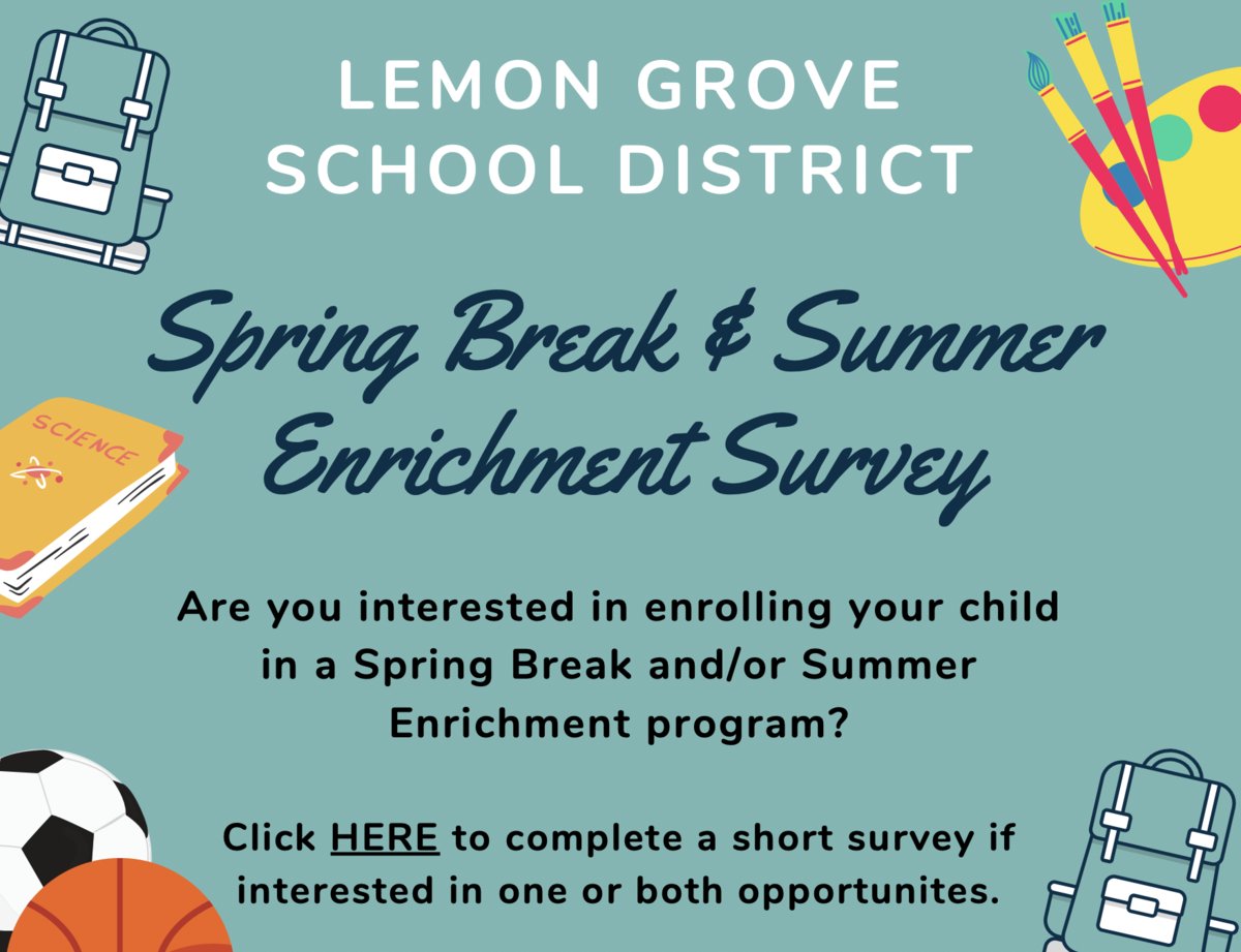 Interested in Spring Break and Summer Enrichment? - Please complete this survey to indicate your interest in having your child participate in Spring Break and Summer Enrichment. edl.io/n1543308