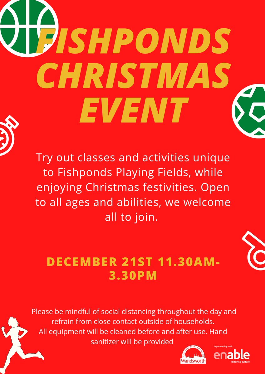 EnableActive's tweet photo. FREE day of festive fun! All you can try activities at the Fishponds Playing Fields! (21st December)

A mix of Zumba, Walking Football, Self defence classes, Dodgeball and Assault courses. 

Contact: FPF@enablelc.org for more info 

#wandsworthsport #londonsports #sportforall https://t.co/nQ1vHWqOGG