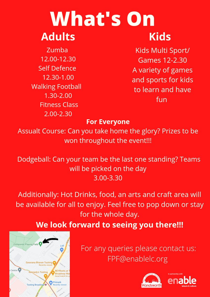 EnableActive's tweet photo. FREE day of festive fun! All you can try activities at the Fishponds Playing Fields! (21st December)

A mix of Zumba, Walking Football, Self defence classes, Dodgeball and Assault courses. 

Contact: FPF@enablelc.org for more info 

#wandsworthsport #londonsports #sportforall https://t.co/nQ1vHWqOGG