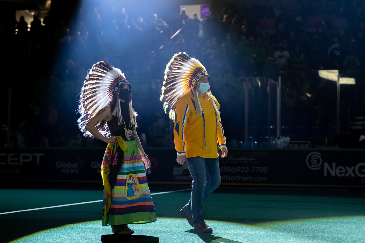 SaskRushLAX's tweet photo. Thank you to Saskatoon Tribal Council Chief Mark Arcand, Sanford Strongarm, Chief Aly Bear, and the Blackstone Drummers and Dancers for leading our pre-game ceremony and land acknowledgment. It was an honour to have you kickoff our return to lacrosse in Saskatchewan. https://t.co/nx6q0ARawo