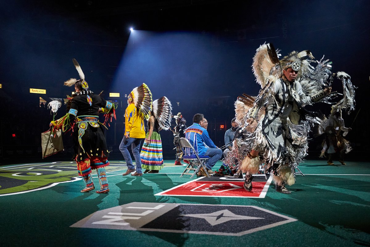 SaskRushLAX's tweet photo. Thank you to Saskatoon Tribal Council Chief Mark Arcand, Sanford Strongarm, Chief Aly Bear, and the Blackstone Drummers and Dancers for leading our pre-game ceremony and land acknowledgment. It was an honour to have you kickoff our return to lacrosse in Saskatchewan. https://t.co/nx6q0ARawo
