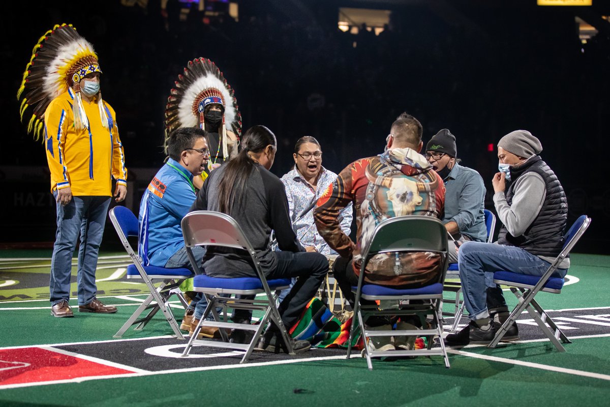 SaskRushLAX's tweet photo. Thank you to Saskatoon Tribal Council Chief Mark Arcand, Sanford Strongarm, Chief Aly Bear, and the Blackstone Drummers and Dancers for leading our pre-game ceremony and land acknowledgment. It was an honour to have you kickoff our return to lacrosse in Saskatchewan. https://t.co/nx6q0ARawo