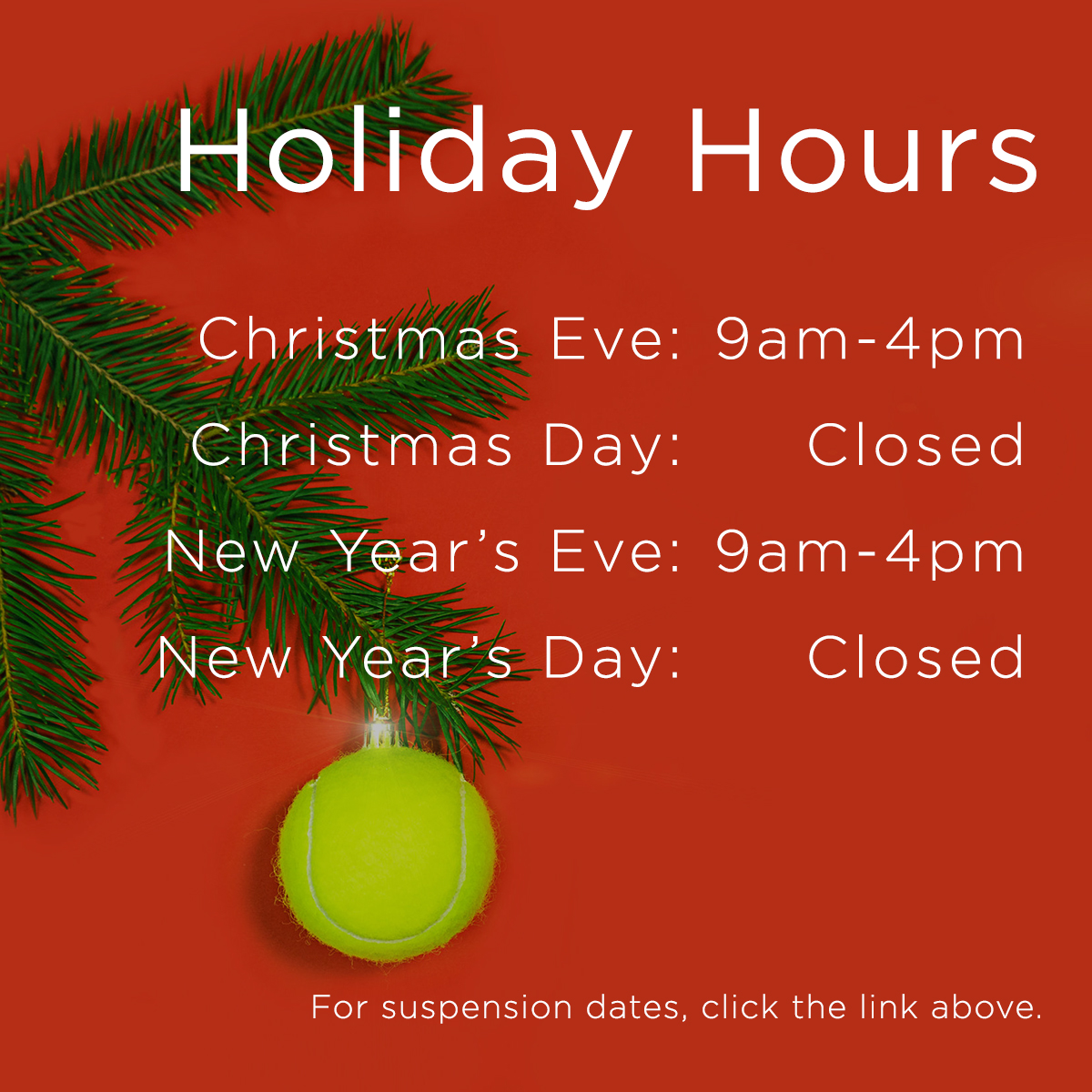 NRRCtennis's tweet photo. This is your friendly reminder about upcoming holiday hours and suspension dates.

Please call the club if you plan to visit between December 23rd and January 2nd. Club hours vary during this time.

Happy holidays!

https://t.co/IwzUgR5lYK https://t.co/G1frAqdDcg