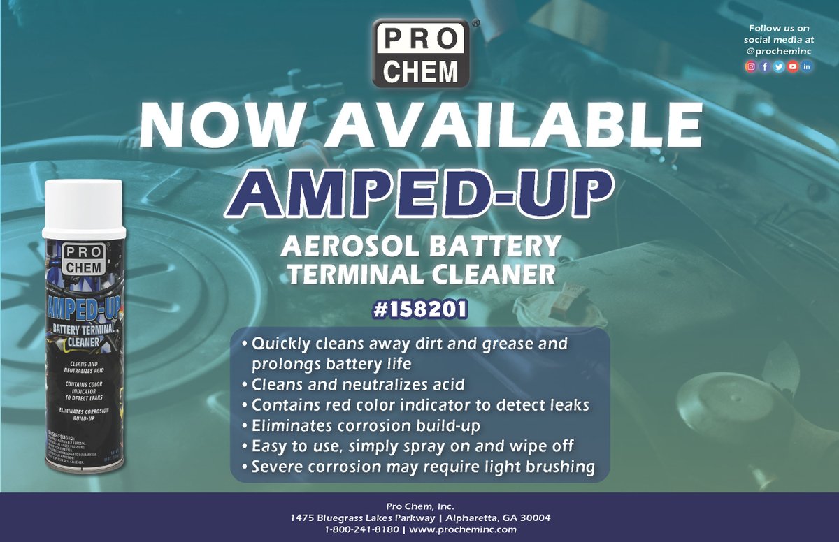 ProChemInc's tweet photo. Keep your batteries Amped-Up! This new product prolongs battery life and detects leaks. Call your local Pro Chem sales representative or 1-800-241-8180 for more information. 

https://t.co/GWhmUVydXe

#ProChemInc #AmpedUp #BatteryTerminalCleaner #Chemicals #Maintenance https://t.co/qjtMppi7Cv