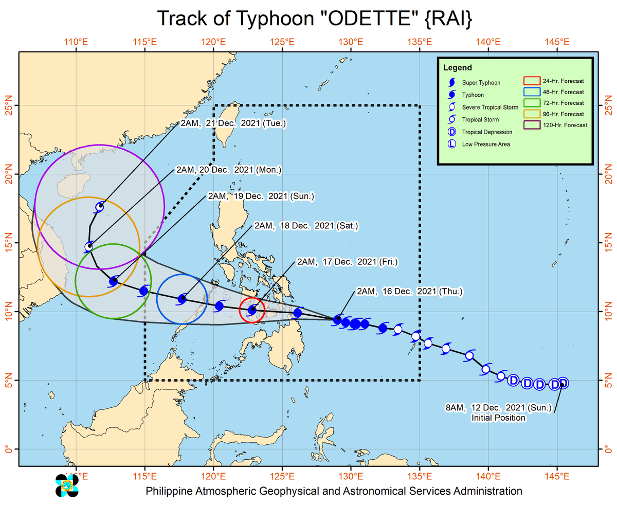dost_pagasa's tweet photo. TROPICAL CYCLONE BULLETIN NO. 8
Typhoon “#OdettePH”
Issued at 5:00 AM, 16 December 2021

TYPHOON “#OdettePH” FURTHER INTENSIFIES AS IT CONTINUES TO APPROACH THE VICINITY DINAGAT ISLANDS-SURIGAO PROVINCES

DOST-PAGASA
Link: https://t.co/nOU972reaq https://t.co/aAnePC18vY