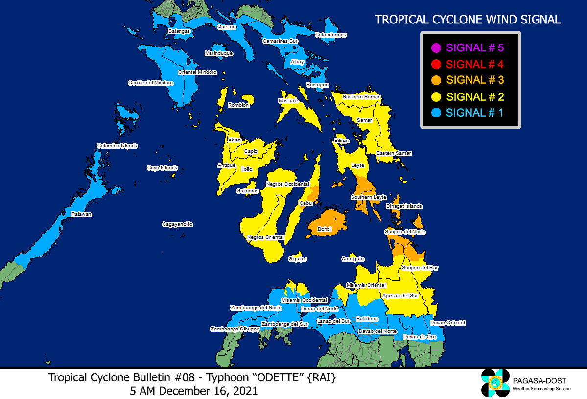dost_pagasa's tweet photo. TROPICAL CYCLONE BULLETIN NO. 8
Typhoon “#OdettePH”
Issued at 5:00 AM, 16 December 2021

TYPHOON “#OdettePH” FURTHER INTENSIFIES AS IT CONTINUES TO APPROACH THE VICINITY DINAGAT ISLANDS-SURIGAO PROVINCES

DOST-PAGASA
Link: https://t.co/nOU972reaq https://t.co/aAnePC18vY