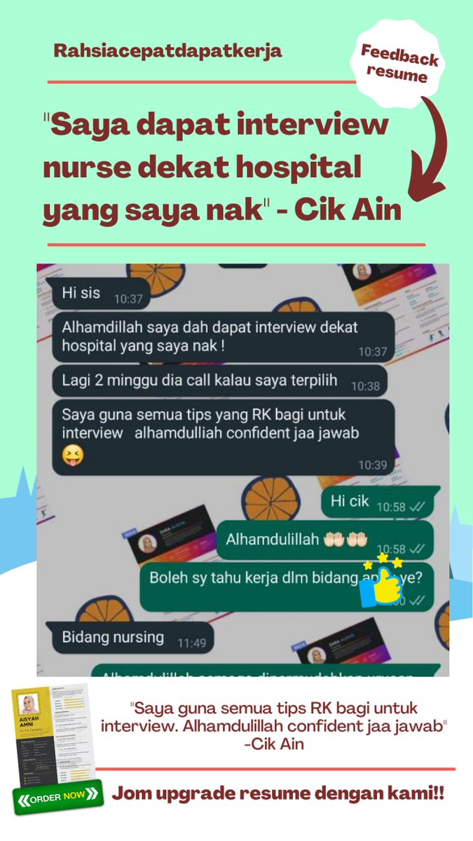 resume_kreatif's tweet photo. 👥”Saya dapat interview nurse dekat hospital yang saya nak”
Alhamdulillah gembira dapat bantu cik Ain dapatkan kerja yang diidamkan.
#feedbackRK
#resumekreatif https://t.co/DerLoYvCy9