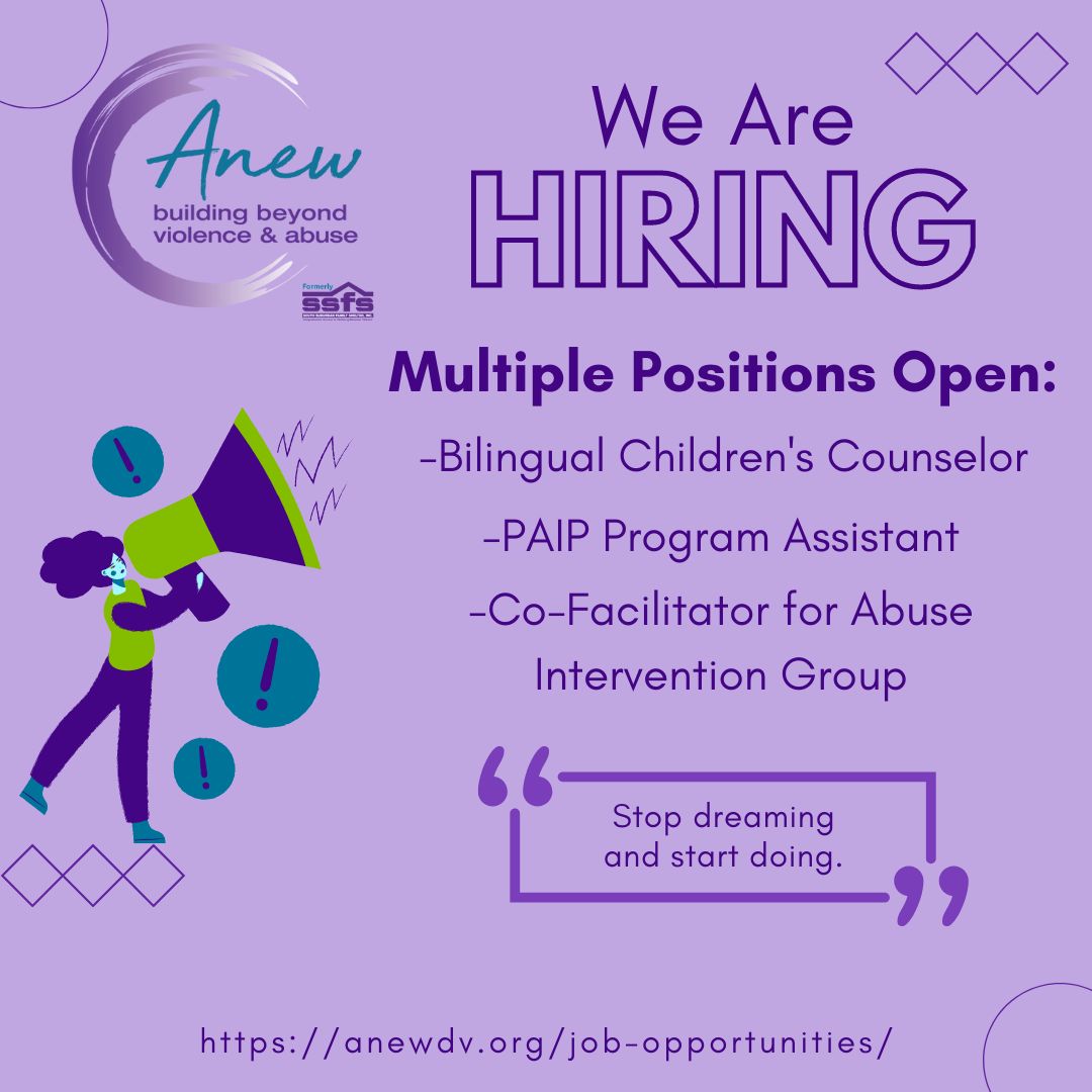 Anew_DV's tweet image. Our search continues:

We are hiring for multiple positions. Read all about them:
-Bilingual Children's Counselor: bit.ly/AnewBCC
-Program Assistant: bit.ly/anewpaip1
-Co-Facilitator: bit.ly/anewpaip2

#DomesticViolence #Jobs #Counselor #Assistant