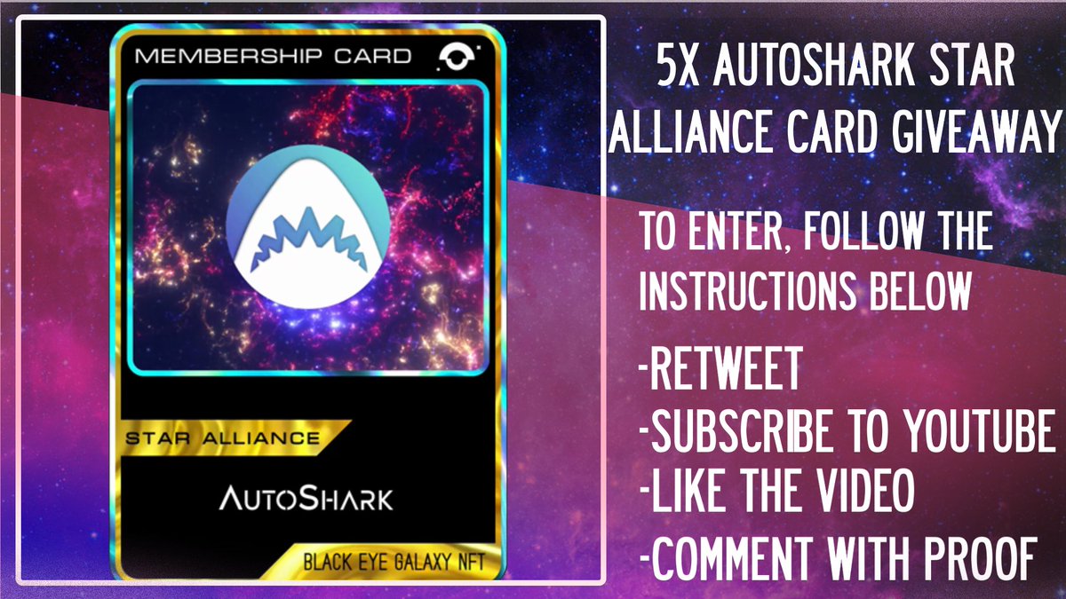 blackeyegalaxy_'s tweet photo. Hey $BYG peeps!

5 lucky winners will each receive an AutoShark Star Alliance Card !!

👇

Retweet this message
Subscribe to Youtube
Like the Video
Comment with proof!

Ends 23rd December 6pm UTC!

https://t.co/mB8FZlHDPj

$BYG #NFTGiveaway #blackeyegalaxy #playtoearn #BSCGems https://t.co/W9ZfS2y5iK
