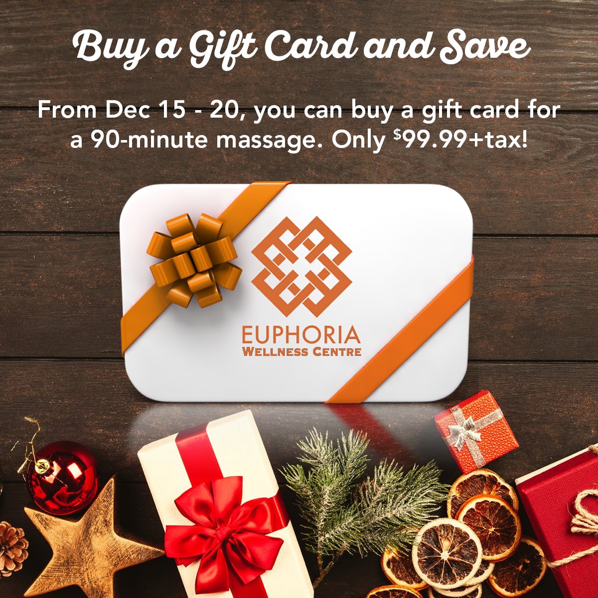 Euphoriawc's tweet image. The perfect gift just got better - from Dec 15 - Dec 20, pick up a gift card for a 90-minute massage. Only $99.99+tax! 🎁

Swing by the clinic to pick yours up while supplies last!

* Limited quantities. Limit of 3 per customer. Redeemable as of Jan 1, 2022. 

#yycdeals #gifts