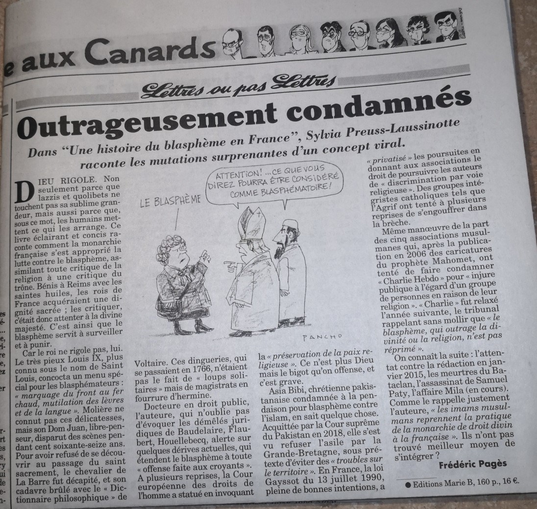 editionsmarieb's tweet photo. Une Histoire du blasphème en France 
Merci au Canard Enchaîné d'avoir souligné de belle manière le travail de Sylvia Preuss-Laussinotte Docteure en droit public et Maître de conférences honoraire à Paris Nanterre https://t.co/cF0vGpZYV1 https://t.co/H8hF7Z6vqi