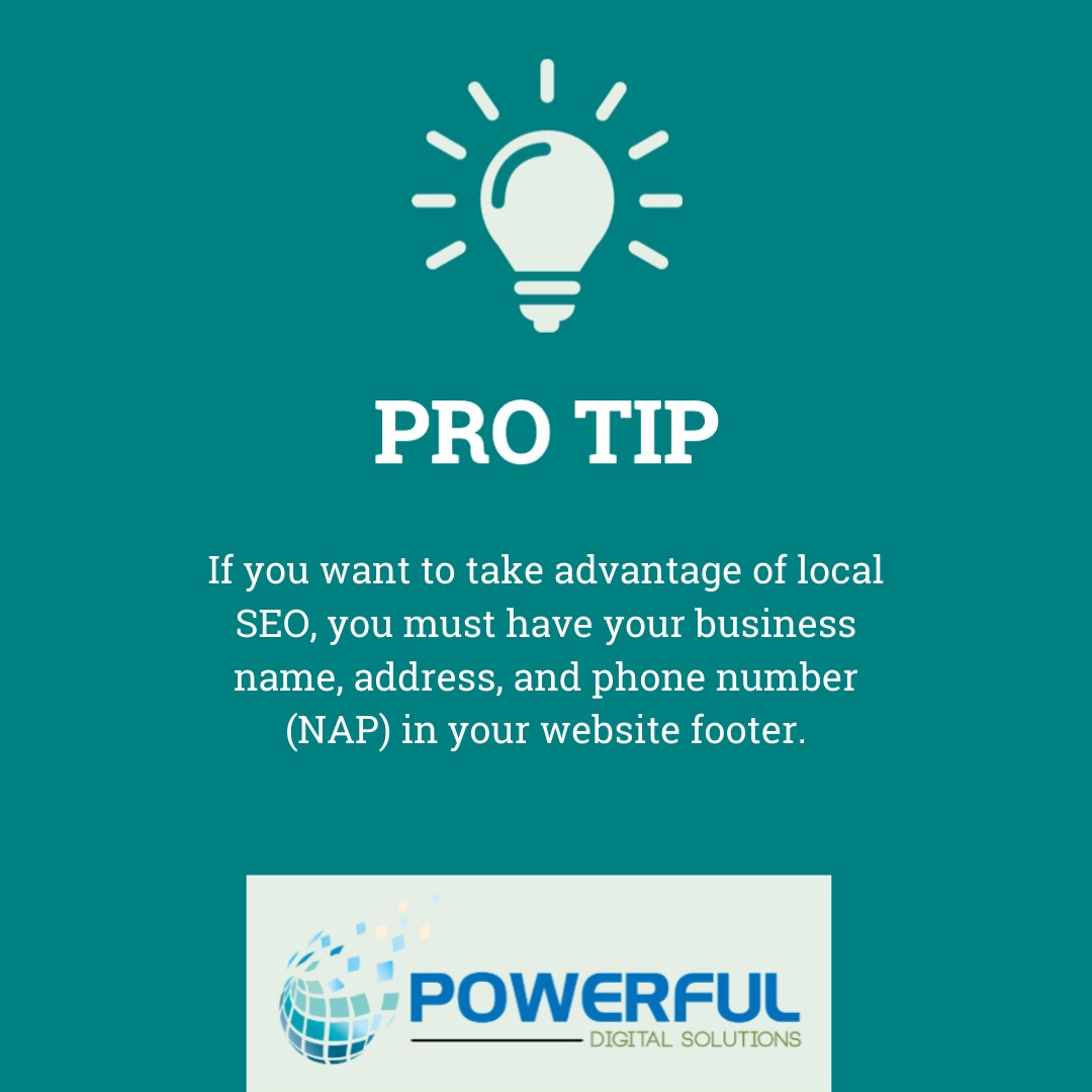 PowerfulDS's tweet photo. If you want to take advantage of local SEO, you must have your business name, address, and phone number (NAP) in your website footer.

#PDSProTip #WordPressWebsites #DigitalMarketing #SEO #LocalSEO https://t.co/XR3M5liVG9