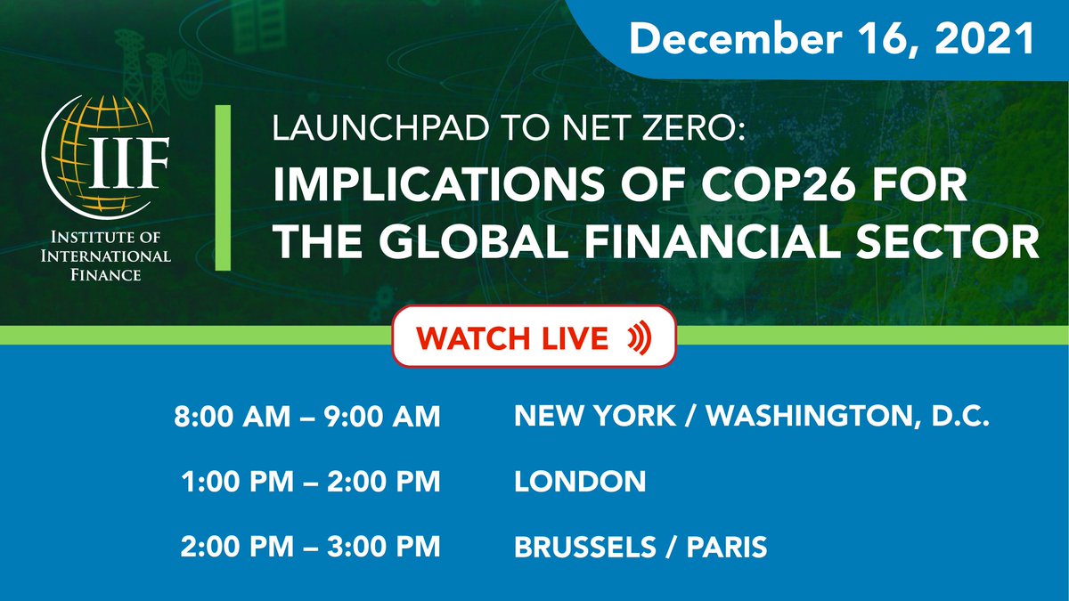 IIF's tweet image. Tomorrow: Join our "Launchpad to Net Zero: Implications of COP26 for the Global Financial Sector" webinar, in partnership with @KPMG. This panel will look beyond #climatecommitments to practical actions needed to forge credible transition paths.

Register: ow.ly/CcOR50HbMFx