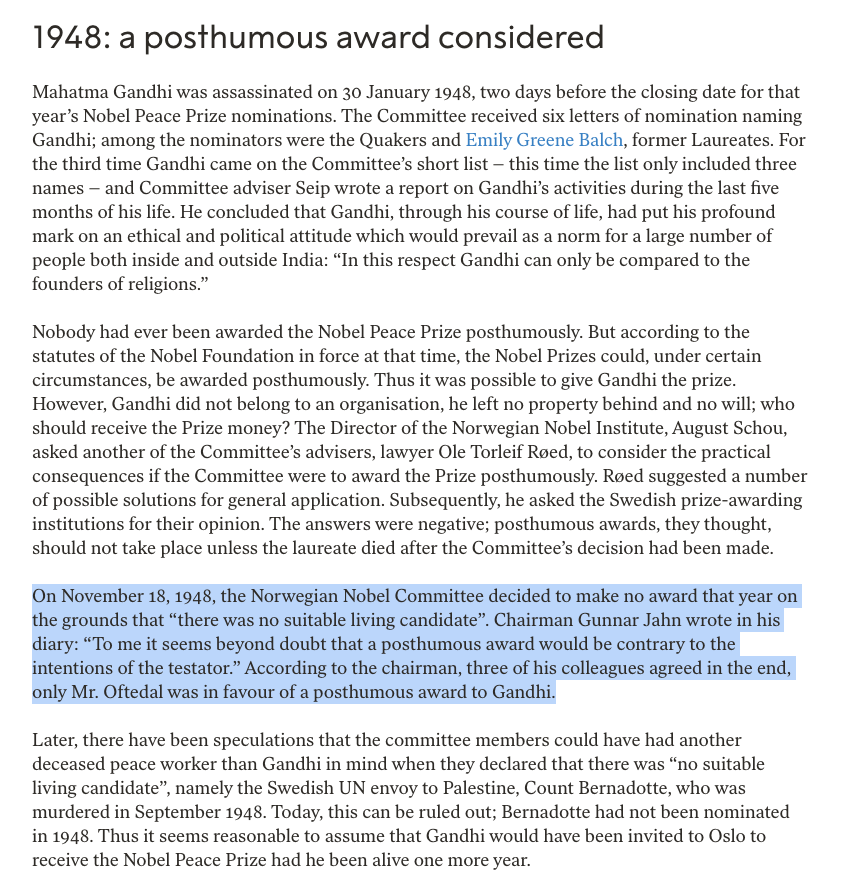 sree's tweet photo. Not everyone will agree on all the @NobelPrize winners, but Mahatma Gandhi not receiving #NobelPeacePrize is a travesty. 

The Nobel site does address this head-on in an article about "the missing laureate." 

It's a #worthyread. https://t.co/zoEXp4EGBA  32/ https://t.co/gbGKXIJvYD